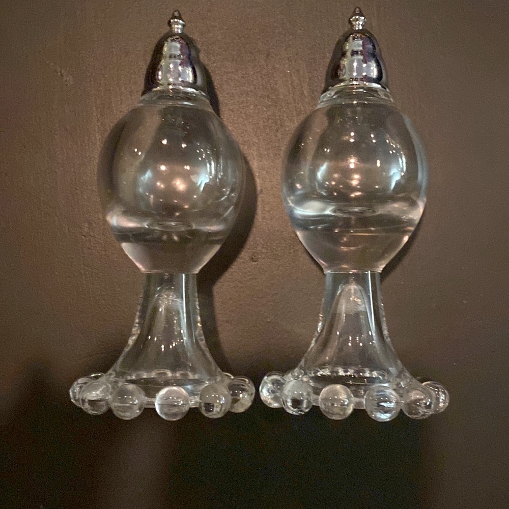 Imperial Glass Vintage Salt and Pepper Shakers - glass stemmed w/silver caps
